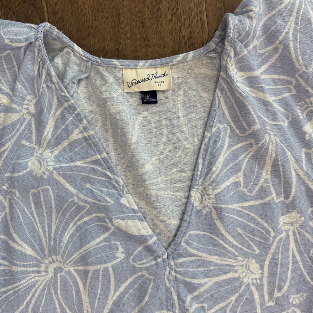 Flirty Floral Blue and White Linen-Blend Mini Dress with Ruffles - Picture 3 of 10